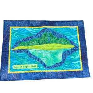 Handmade Quilted Wall Hanging Isle Of Wight 2006 Blue Green Patchwork Textile Ar
